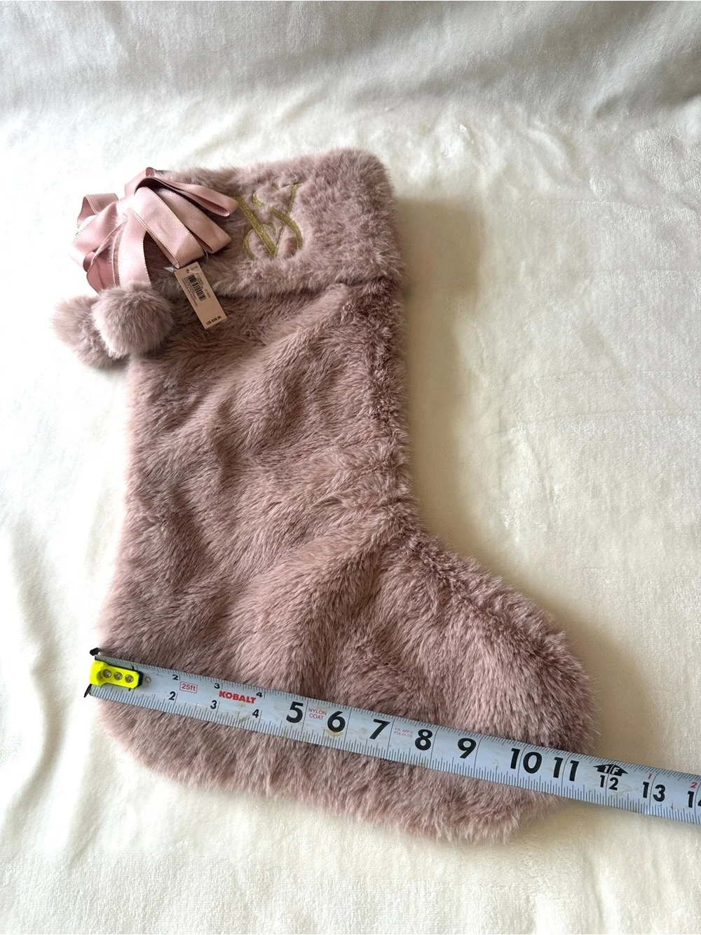 VICTORIA'S SECRET FAUX FUR CHRISTMAS STOCKING BLUSH PINK MAUVE GOLD TRIM NWT